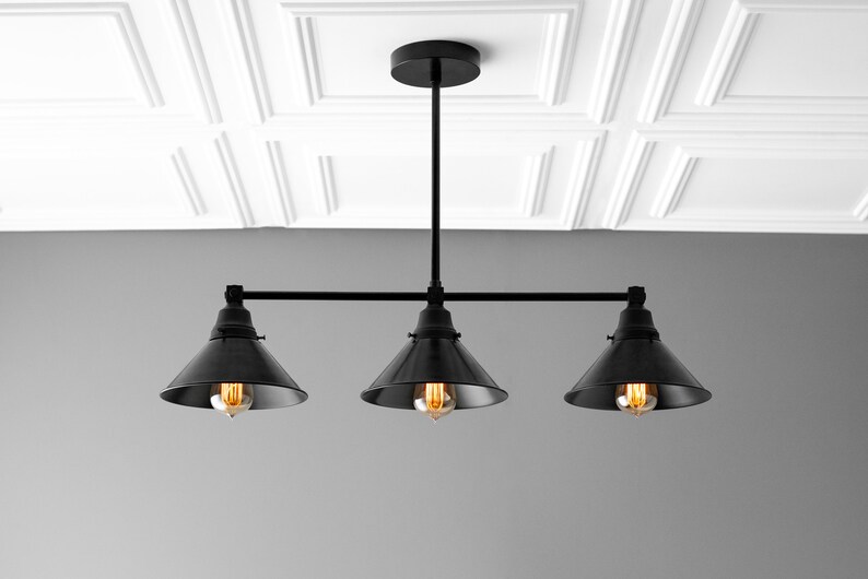 Industrial Kitchen Three Bulb Pendant Light Black Shade Chandelier Hanging Lamp Fixture Island Bar Lighting