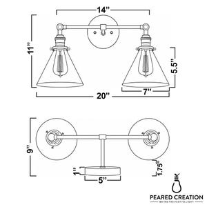May include: A black and white line drawing of a two-light wall sconce. The sconce has two clear glass cone-shaped shades, each with a visible lightbulb. The fixture is 20 inches wide and 11 inches tall. The brand name "PEARED CREATION" is at the bottom.
