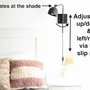Op de afbeelding: Zwarte wandlamp met een zwarte kap. De lamp is verstelbaar omhoog en omlaag, en naar links en rechts, via een glijring.