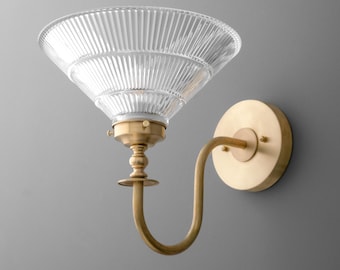 Sconce Light-Brass Wall Sconce-Ribbed Glass Shade-Vintage Style Lamp - Model No. 8036