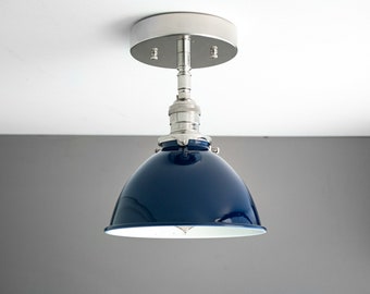 8" Blue Bucket Light Fixture - Industrial Ceiling Light - Semi Flush Mount Fixture - Farmhouse Pendant - Model No. 8208