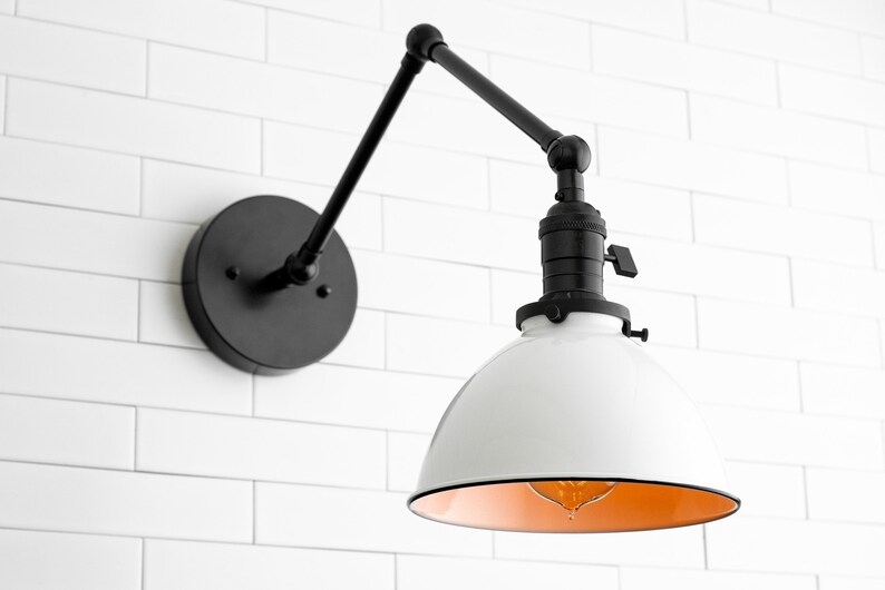 Articulating Light Farmhouse Lighting Swing Arm Sconce White Shade Black Bedside Bathroom
