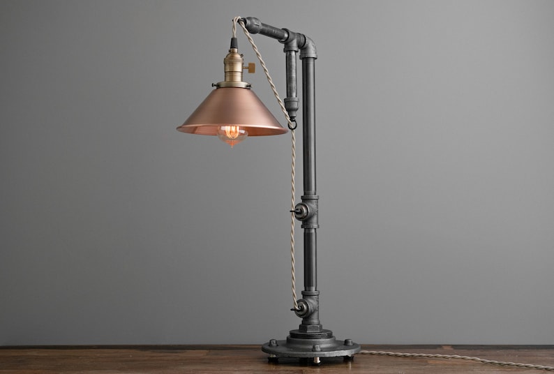 Industrial Table Lamp Edison Bulb Lamp Industrial Lighting Copper Shade Desk Lamp Rustic Iron Pipe Barn Light Model No. 3929 image 2