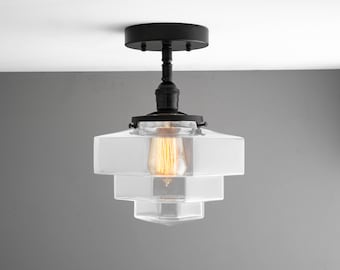 Clear Glass Ceiling Light - Geometric Lighting - Art Deco Lighting - Semi Flush Mount - Light Fixture - Model No. 8864