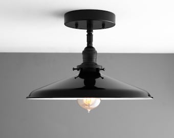 14" Black Metal Shade Fixture - Industrial Ceiling Lights - Semi Flush Pendant - Model No. 1683