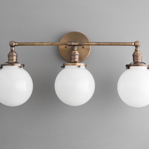 White Globe Vanity Antique Brass Light Light Fixture Etsy