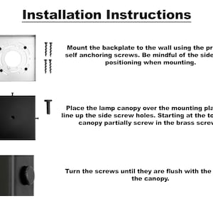 Op de afbeelding: Installatie-instructies voor een zwarte buitenlamp. De instructies laten zien hoe je de achterplaat aan de muur bevestigt, de lampenkap monteert en de schroeven vastdraait.