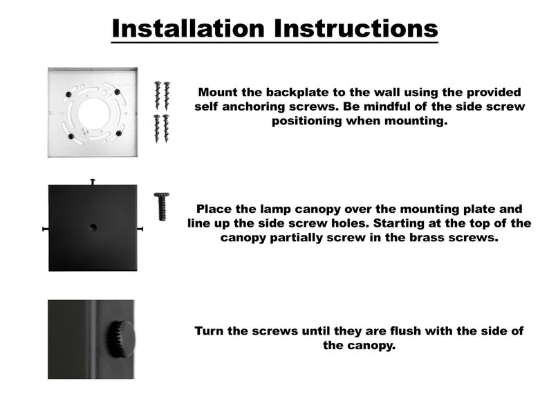Op de afbeelding: Installatie-instructies voor een zwarte buitenlamp. De instructies laten zien hoe je de achterplaat aan de muur bevestigt, de lampenkap monteert en de schroeven vastdraait.