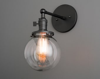 Black Vanity Lamp - Globe Sconce - Industrial Fixture - Edison Sconce - Clear Globe Light - Model No. 7479