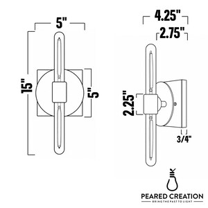 May include: A technical line drawing of a wall sconce with a vertical tubular bulb and a square mounting plate. Dimensions are labeled as 15 inches high, 5 inches wide, 4.25 inches deep, with a 2.25 inch center block and 0.75 inch plate depth.