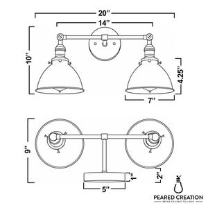 May include: A black and white line drawing of a two-light wall sconce. The sconce is 20 inches wide and 10 inches tall, with two bell-shaped shades. The shades are 7 inches wide and 4.25 inches tall. The base is 5 inches wide and 1 inch tall. The text "PEARED CREATION - BRING THE PAST TO LIGHT" is at the bottom.