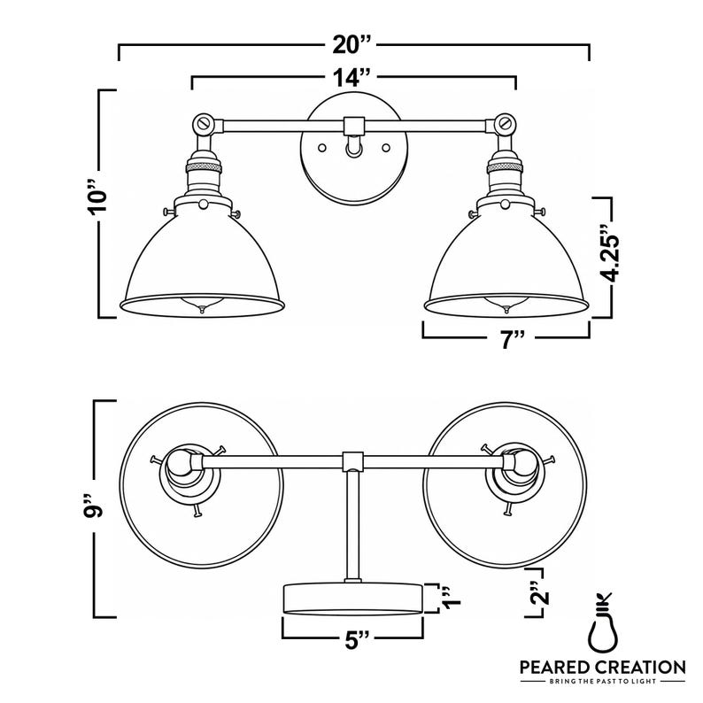 May include: A black and white line drawing of a two-light wall sconce. The sconce is 20 inches wide and 10 inches tall, with two bell-shaped shades. The shades are 7 inches wide and 4.25 inches tall. The base is 5 inches wide and 1 inch tall. The text "PEARED CREATION - BRING THE PAST TO LIGHT" is at the bottom.