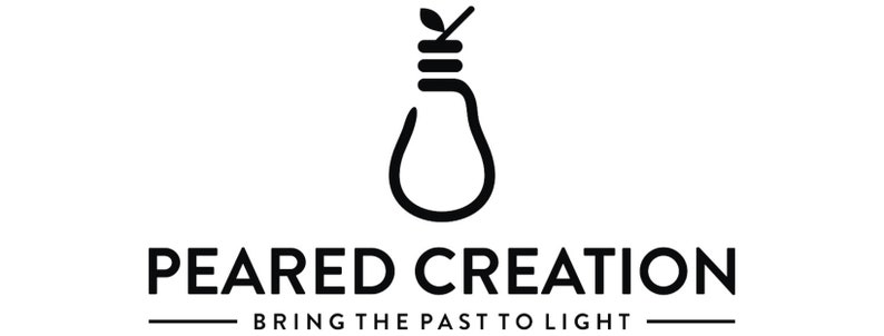 May include: Black and white logo of a light bulb with a leaf on top. The text "Peared Creation" is below the logo, and the tagline "Bring the past to light" is below the text.