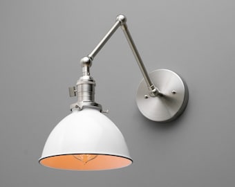 White Shade Light - Modern Farmhouse - Industrial Lighting - Articulating - Wall Light - Light Fixture - Model No. 8551