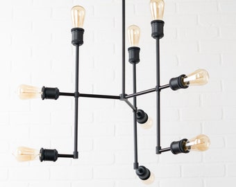 Edison Bulb Fixture - Nine Bulb Chandelier - Hanging Lamp - Industrial Chic - Steampunk Lighting - Black Light Fixture - Model No. 1677
