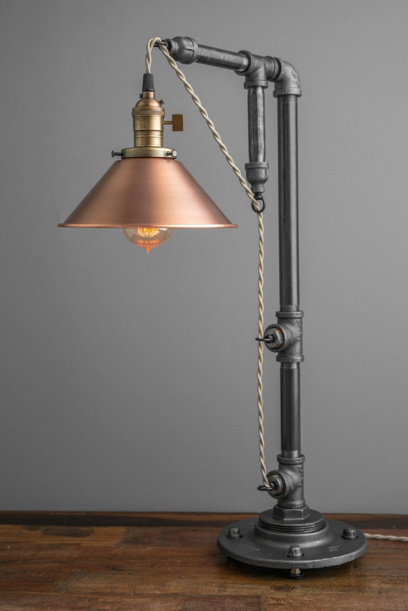 Industrial Table Lamp Edison Bulb Lamp Industrial Lighting Copper Shade Desk Lamp Rustic Iron Pipe Barn Light Model No. 3929 image 6