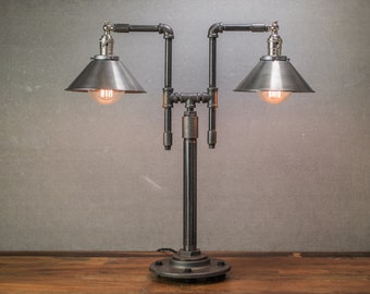 Edison Table Lamp  - Industrial Style - Iron Piping - Steel Shade - Table Lamp - Steampunk Decor - Machine Age - Model No. 5682