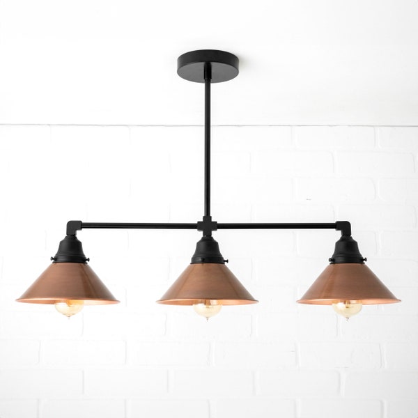 Aged Copper Shade - Three Shade Island Light - Pendant Chandelier - Copper Lighting - Billiards Light - Industrial Kitchen - Model No. 0118