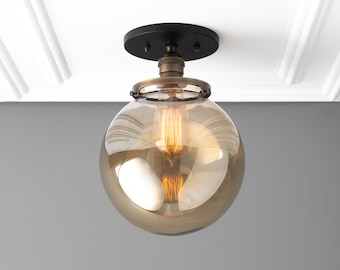 Smoked Globe Light- Industrial Lighting - Globe Ceiling Light - Light Fixture - Semi Flush Light - Glass Shade - Model No. 6016