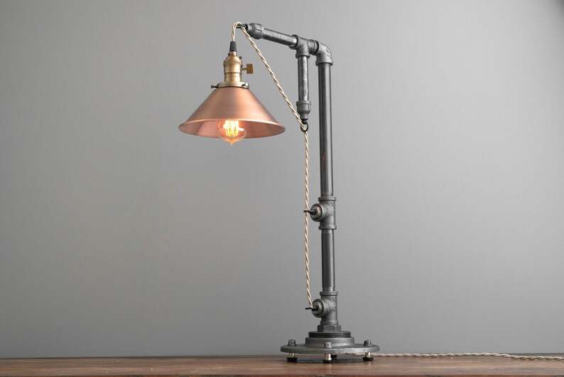 Industrial Table Lamp Edison Bulb Lamp Industrial Lighting Copper Shade Desk Lamp Rustic Iron Pipe Barn Light Model No. 3929 image 1