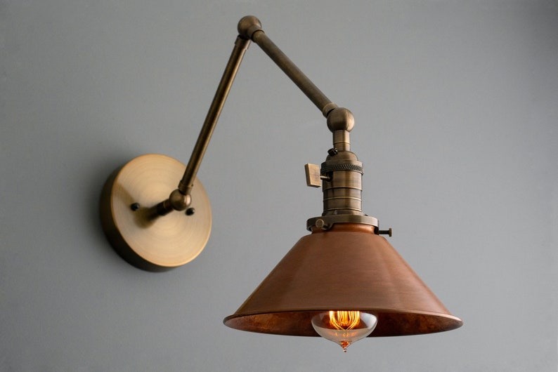 Articulating Copper Wall Sconce Rustic Lighting Swivel Wall Light Industrial Light Antique Brass Aged Copper Model No. 6668 image 2