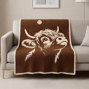 Puede incluir: Una manta de punto marrón con un gráfico de color crema de una cabeza de vaca Highland de perfil. La manta tiene un patrón de tejido texturizado tipo gofre y un borde sólido de color crema en los extremos, con un pequeño emblema circular.