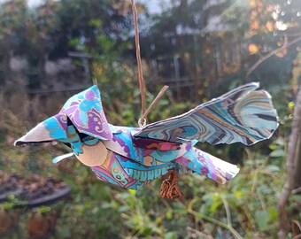 Purple paisley and blue marbled 3D paper bird