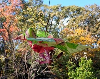 Pink Hibiscus floral on green 3D paper bird