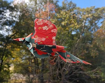 Dark Teal with pink and white flowers 3D paper bird