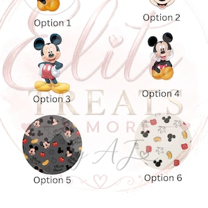 May include: A collection of six Mickey Mouse design options labeled Option 1 through Option 6. The images include various poses of Mickey Mouse, a head portrait, and two circular patterns featuring Mickey icons on dark gray and cream backgrounds.