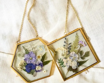 Pressed Flower Glass Frame with Purple Botanical Art with Hanging Chain attached to Square Gold Floral Decor for Cottagecore Spring Gift