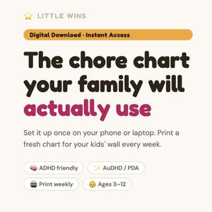 May include: A digital chore chart template titled Little Wins featuring a pink task card for Aspen with icons for brushing teeth, getting dressed, making the bed, and packing up toys. The design includes text prompts for ADHD, AuDHD, and PDA support.