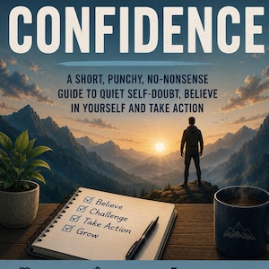 Op de afbeelding: Een boekomslag getiteld Little Solution Series Build Confidence met een ondertitel over zelftwijfel. De afbeelding toont een persoon op een bergtop bij zonsondergang, een notitieblok met een checklist, een plant en een mok op een bureau.