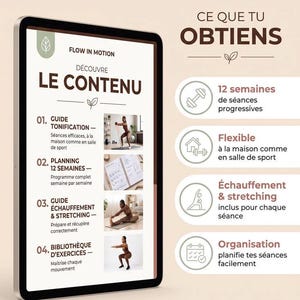 Peut inclure: Une tablette affichant un programme de fitness numérique intitulé Flow in Motion. L'écran présente quatre sections : Guide Tonification, Planning 12 Semaines, Guide Échauffement & Stretching, et Bibliothèque d'Exercices, avec une liste d'avantages.