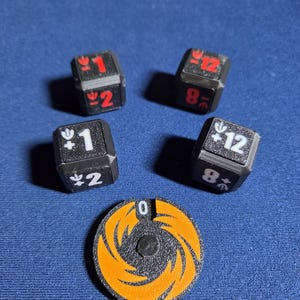 May include: Four black cubic dice and one circular orange and black tracker token. Two dice feature red numbers 1, 2, 8, and 12 with downward arrow icons. Two dice feature white numbers 1, 2, 8, and 12 with upward arrow icons. The circular token displays a 0.