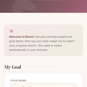 May include: A digital interface for a Bloom Weight Tracker journal with a dark purple header featuring the text Your Personal Wellness Journal, Bloom Weight Tracker, and Track your journey. The page includes input fields for name, starting weight in lbs, and goal weight.