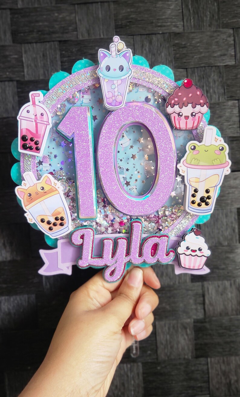 Pink Glitter Bubble Tea Cake Topper - Boba Tea Birthday Party Decoration With 6 Smiley Faces - View #11
