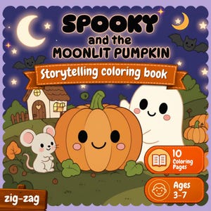 以下が含まれることがあります： 「Spooky and the Moonlit Pumpkin」というタイトルの正方形の塗り絵の表紙。イラストには、笑顔のオレンジ色のカボチャ、白いお化け、小さなネズミが描かれており、夜の風景には三日月、星、コウモリ、家があります。テキストには「10 Coloring Pages」および「Ages 3-7」と記載されています。