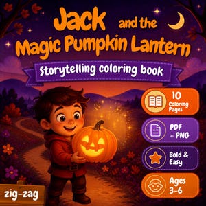 以下が含まれることがあります： 「Jack and the Magic Pumpkin Lantern」というタイトルのデジタル塗り絵の表紙。赤いフード付きジャケットを着た子供が光るジャック・オー・ランタンを持っています。10ページの塗り絵、PDFおよびPNG形式、太い線で描かれた簡単なデザイン、対象年齢3〜6歳というテキストが含まれています。