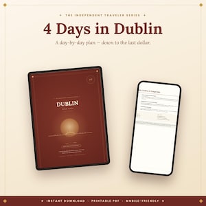 Può includere: Una guida di viaggio digitale intitolata 4 Days in Dublin della serie The Independent Traveler, visualizzata su un tablet e uno smartphone. La copertina rosso scuro presenta una grafica circolare e del testo, mentre lo schermo del telefono mostra un itinerario dettagliato.