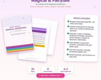 Pre-K Learning Bundle, Unicorn Fairytale Themed Printable Curriculum, 8 Week Preschool Activities, Letters Numbers Montessori, Editable
