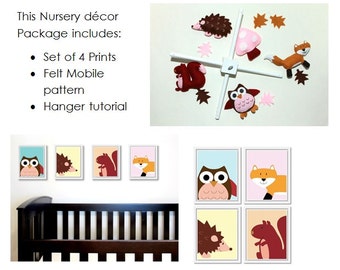 Complete Woodland Nursery Decor Package: includes felt baby mobile pattern and set of four 8x10 printable animal artworks.