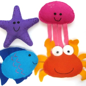 Felt Plushie Seaside Collection Handsewing Pattern PDF. Instant instructions to make fish, crab, starfish and jellyfish plushies.