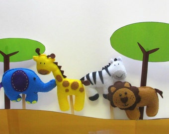 Felt Animal Puppet Pattern or Cake Toppers Pattern. Jungle Safari Animals. Pattern PDF. Includes elephant, lion, giraffe, zebra.