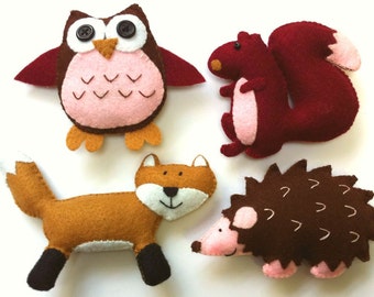 Felt Plushie Woodland Collection Handsewing Pattern PDF. INSTANT instructions to make owl, hedgehog, squirrel and fox plushies.
