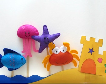 Felt Animal Puppet Pattern or Cake Toppers. Seaside Animals. Instant Sewing Pattern PDF. Includes crab, fish, starfish and jellyfish.