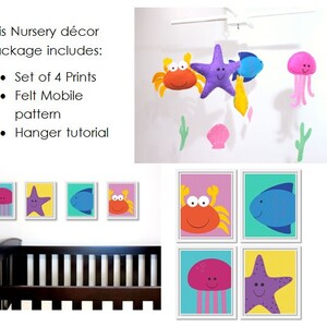 Könnte beinhalten: Ein Dekorationspaket für ein Kinderzimmer mit einem Filz-Mobile mit einem Krebs, einem Seestern, einem Fisch und einer Qualle sowie vier gerahmten Drucken der gleichen Meeresbewohner. Das Paket beinhaltet eine Filz-Mobile-Schablone und eine Anleitung zum Aufhängen.