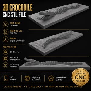 以下が含まれることがあります： ワニの3Dレリーフが施された3DクロコダイルCNC STLファイル。デジタル製品には「3D CROCODILE CNC STL FILE」、「High-Detail 3D Relief」、「Ready-to-Use STL File」、「Instant Digital Download」、「PERFECT FOR CNC PROJECTS」などのテキストラベルが含まれています。