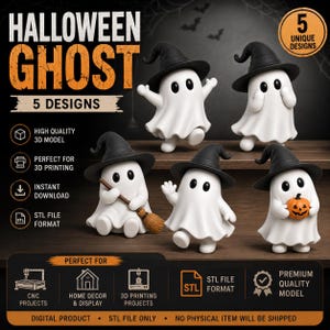 May include: Five white ghost figurines wearing black witch hats, presented as a digital 3D model collection. The ghosts are depicted in various poses, including holding a small orange pumpkin or a broom, with text labels including HALLOWEEN GHOST.