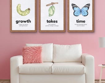 Growth Takes Time Butterfly Watercolor Print, Inspirational Wall Decor, Digital Download